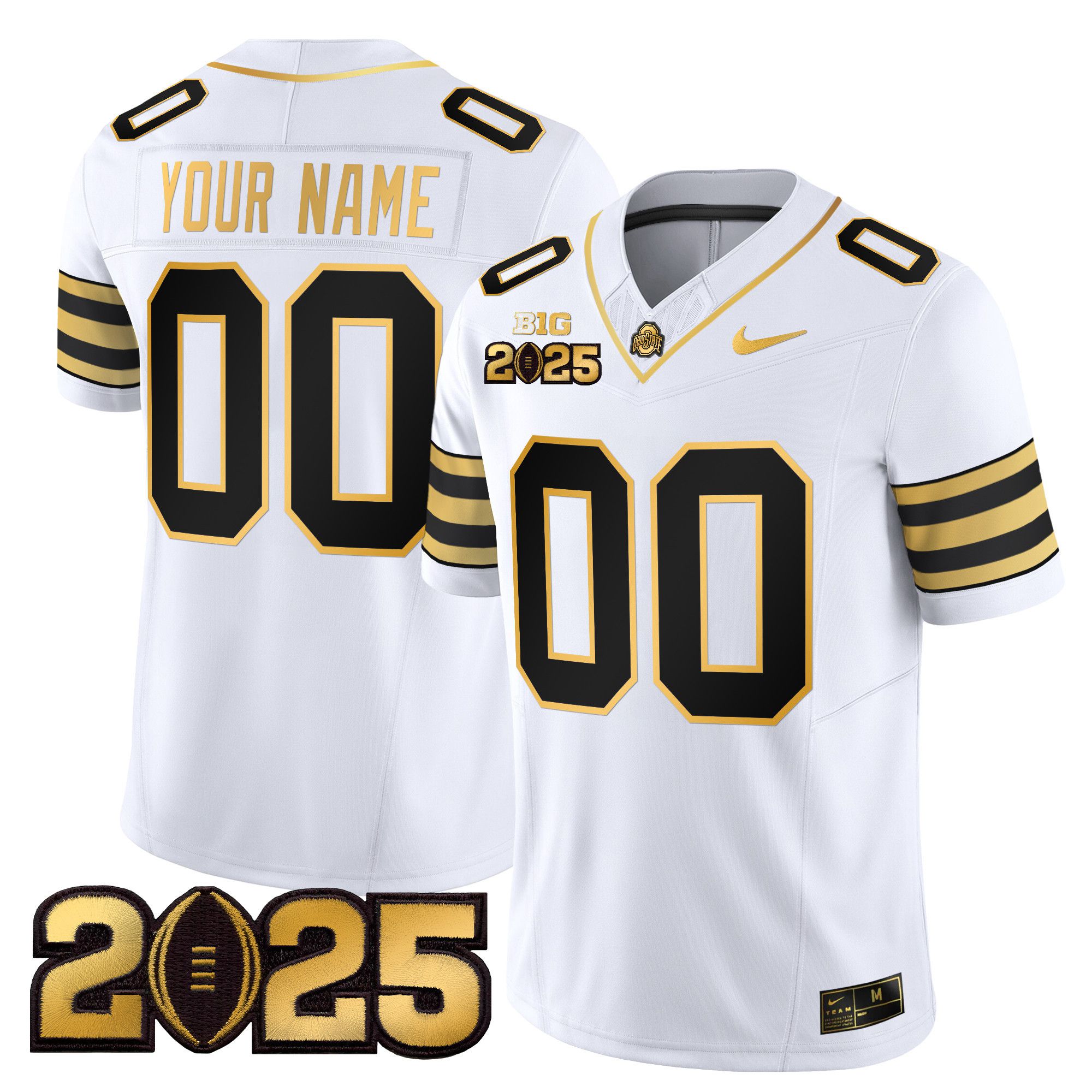 Men Ohio State Buckeyes White 2025 CFP Final Patch Gold Vapor Limited Custom NCAA Jersey->customized ncaa jersey->Custom Jersey